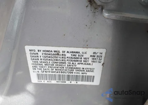 2014 Honda Pilot Ex-L from USA, damaged, VIN 5FNYF4H5XEB057209